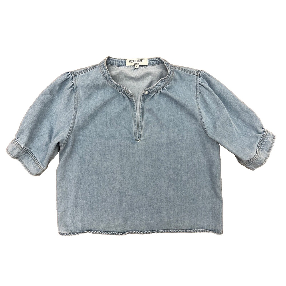 EUC Velvet HEART Denim Short Sleeve Shirt Top Blouse Size Medium M